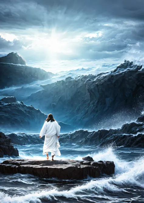 Jesus walking on water in a storm, expression of power, streaks of light descending from the sky, masterpiece, high quality, high quality, highly detailed CG unit 8k wallpaper, award-winning photos, bokeh, depth of field, HDR, bloom, chromatic aberration, ...