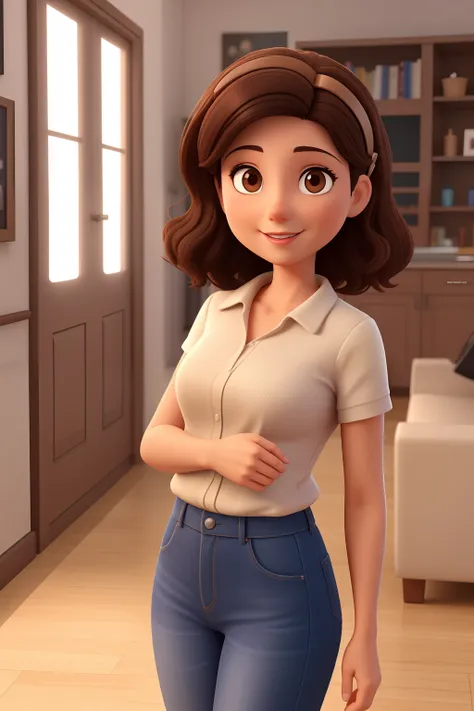 a mother in mid 30's with short dark brown hair and brown eyes, young looking, wearing a hair clip. 3d cartoon with accurate pro...