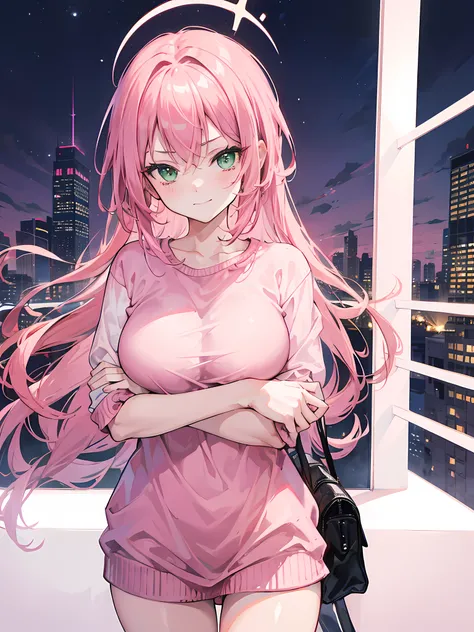 1girl, sexy, smirking, pink hair, green eyes, wearing a light-pink casual outfit, sexy outfit, city night, absurdes, high res, ultrasharp, 8K, masterpiece