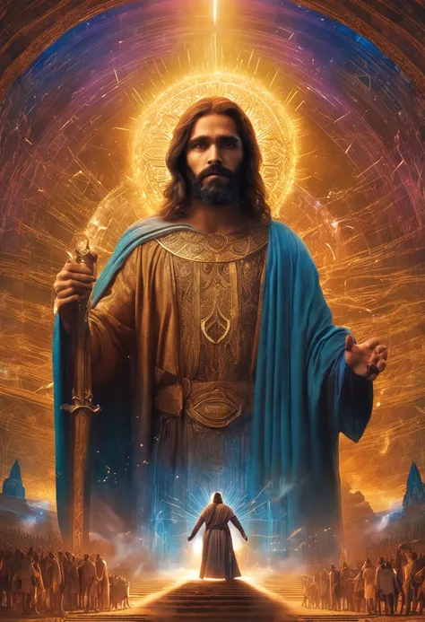 jesus SORRINDO, sananda, com cabelos longos e barba segurando uma luz dourada, O Deus Imperador da Humanidade, Directed by: Luis Miranda, Directed by: Nicholas Marsicano, ( ( deus rei da arte ai ) ), Raios de Luz Sagrada Sagrada, inspirado em Christophe Va...