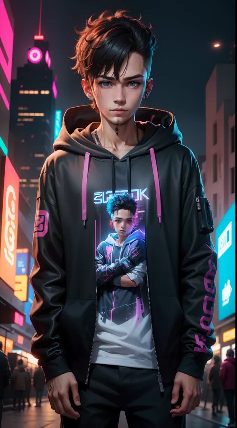 A Cute Boy, Cyberpunk Style,Wearing a hoodie shirt,HD resolution,High quality