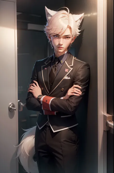 (Handsome high school boy outside the classroom，Slender figure，Wolf tail hairstyle，Soft gaze，Peach blossom eyes)