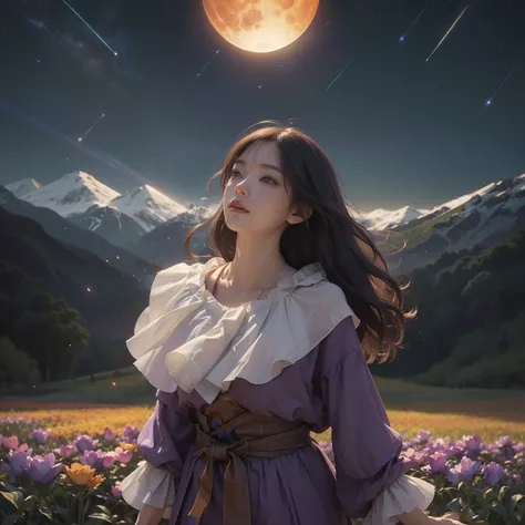 1womanl、write、Vast landscape photos、（View from below with a view of the sky and the wilderness below）、Girl standing in a flower field and looking up、（fullmoon：1.2）、（shooting stars：0.9）、（nebulas：1.3）、mountain in the distance、Tree Break Production Art、(Warm ...