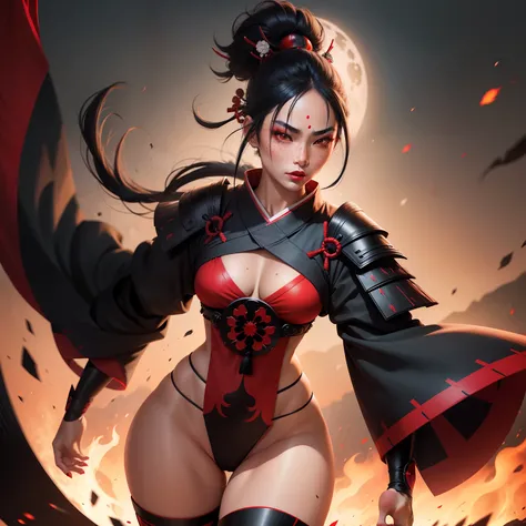 Female samurai warrior, jet black hair, dark skinned tanned, red black, bright moon, freckles on the face, red lipstick, full body, no extra hair, diamond shaped face, cover top, black eyeballs, geisha warrior