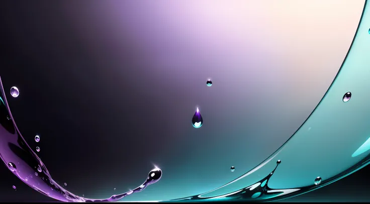 a light black background and water drops of different sizes and shapes in light (turquoise, white, violet) colors gradient, full screen