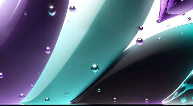 a light black background and water drops of different sizes and shapes in light (turquoise, white, violet) colors gradient, full screen