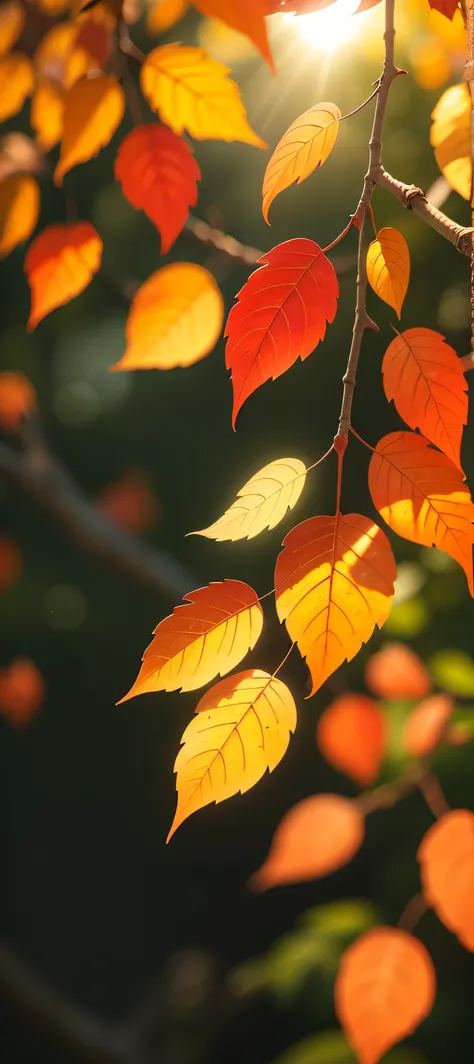 Colored leaves、Up、８K、top-quality、Delicate leaves、Branches in the sun、Hang sunlight on the leaves、Photorealsitic、Natural soft light、Hyper-detail s upwards、Background blur、