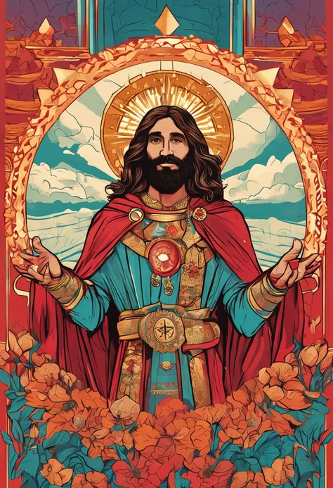 Master Jesus Sananda, Prince of Peace, a light in the chest, long hair, beard, man, smile, with a red and gold cape, a crown of flowers, galactic, being of great magnitude, a beautiful smile