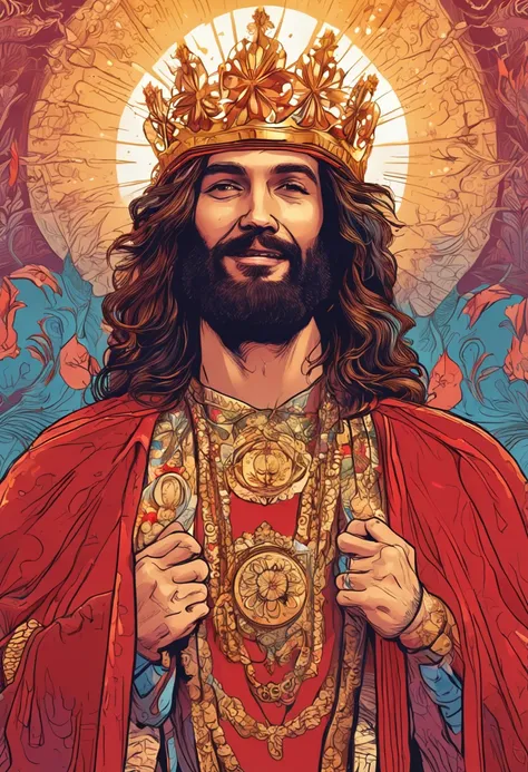 Master Jesus Sananda, Prince of Peace, a light in the chest, long hair, beard, man, smile, with a red and gold cape, a crown of flowers, galactic, being of great magnitude, a beautiful smile