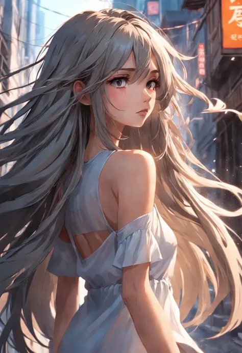 "Uma mulher confiante e estilosa, usando uma minissaia justa e uma blusa branca com um toque de decote, her long messy hair adding to her fascination. The scene is rendered in stunning 8k resolution with photorealistic detail and smooth shading, criando um...