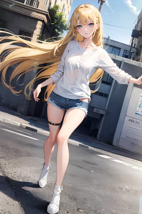 1girl, long blonde hair, blue eyes, wearing plain white shirt, denim shorts, city, absurdres, high res, ultrasharp, 8K, masterpiece, looking at viewer