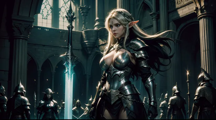 Female elf，Large breasts，Black armor，Glowing sword，dramatics，The background is the castle