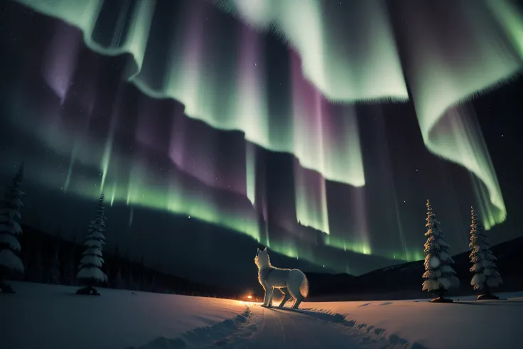 tmasterpiece，best qualityer，cinematic Film still from，A lonely arctic fox walks on a snowy night，The sky has auroras。Arctic foxes are smaller in the background。