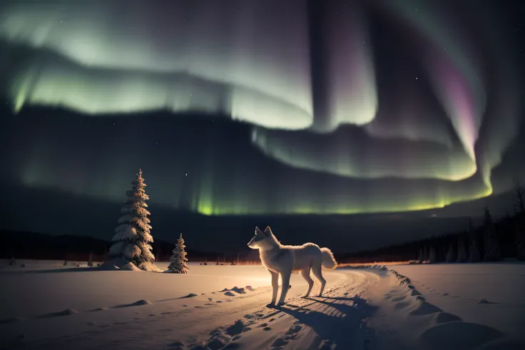 tmasterpiece，best qualityer，cinematic Film still from，A lonely arctic fox walks on a snowy night，The sky has auroras。Arctic foxes are smaller in the background。