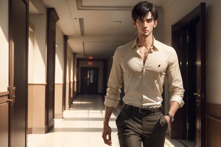 Ultra realistic 8k image of slim 25 year old male, short black hair, dressed in beige button-down shirt and beige pants, suspicious expression, entering main hall of unkempt, ugly hotel, morning