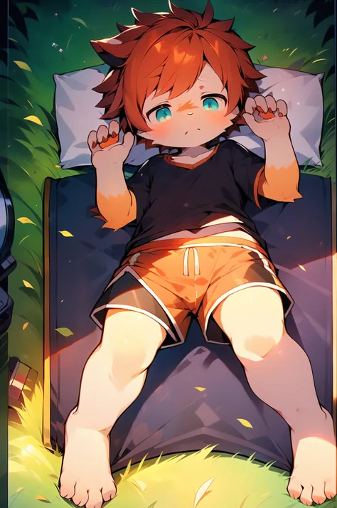 4k, (Masterpiece:1), Little boy with orange colored hair and shiny, glowing cyan eyes and barefoot, cinematic, young, boy, child, small, toddler, tiny feet, focus on feet, feet, blushing, (Young:1.4), (Child:1.4), (Shota:1.4), (male:1.4), (boy:1.4), (cinem...