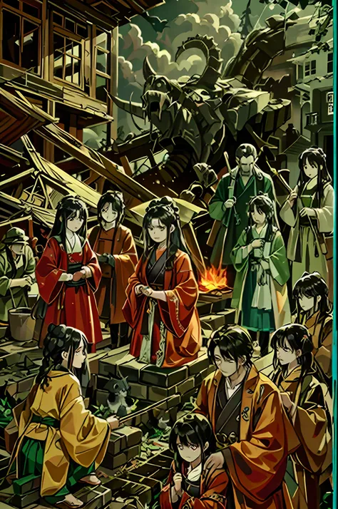 Vicious bandits come to the ruined village，Forced poor villagers to hand over food，The poor girl knelt on the ground and cried，Dilapidated houses also collapsed due to raging fires。high qulity，eventide，the fire，behead，sword，a sea of fire，burning houses，cry...