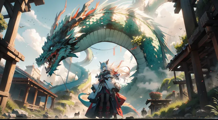 scenery, girl and dragon