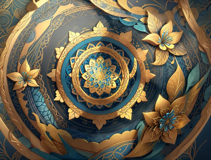 Close up of blue and gold flowers with leaves, ultra intricate, 4k highly detailed digital art, Beautiful art UHD 4 K, 4K detailed digital art, Complex colors, Intricate pattern 4K, 4K HD wallpapers very detailed, amazing detail digital art, 8K high qualit...