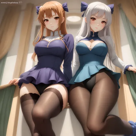 Tights: Anime beautiful girls shyly raise their thighs