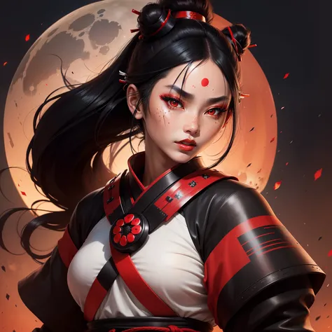 Female samurai warrior, jet black hair, dark skinned tanned, red black, bright moon, freckles on the face, red lipstick, full body, no extra hair, diamond shaped face, cover top, black eyeballs, geisha warrior, brown skinned