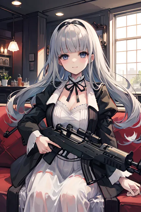 Gretel, Best Quality, masutepiece, Solo,Looking at Viewer, Huge rifle, cafes, in a house