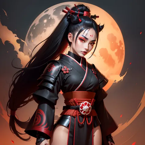 Female samurai warrior, jet black hair, dark skinned tanned, red black, bright moon, freckles on the face, red lipstick, full body, no extra hair, diamond shaped face, cover top, black eyeballs, geisha warrior, brown skinned