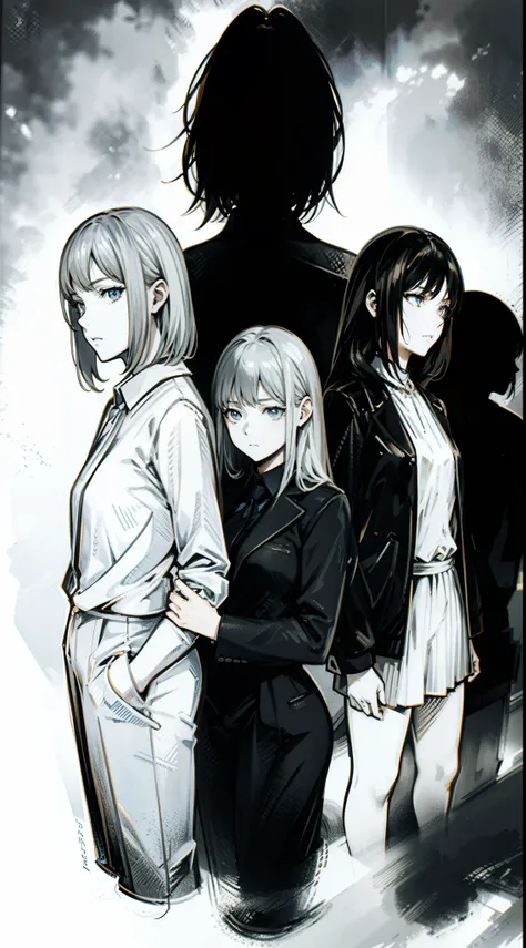 Anime poster,women,multiple characters,girls,side by side,in a suit