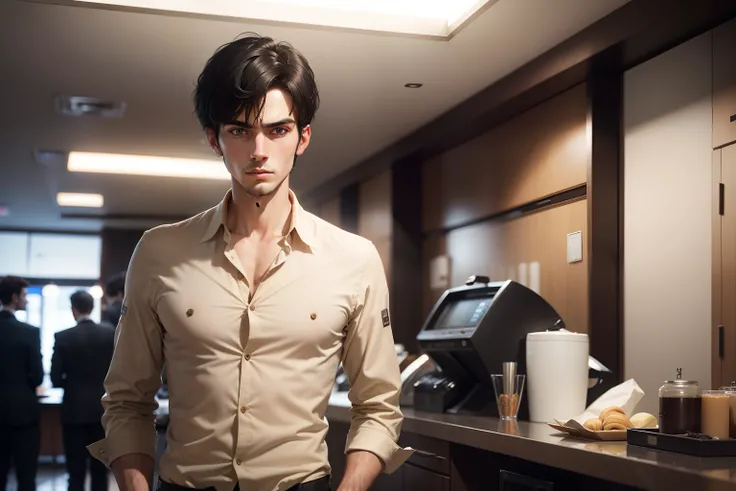 Ultra realistic 8k image of a slim 25 year old man, short black hair, dressed in a beige button-up shirt and beige pants, serious expression, standing at a counter in an ugly and unkempt hotel lobby