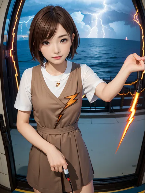 1girl, solo, misaka mikoto, short hair, brown hair, hairclip, brown eyes, (VFX, biribiri, electricity, lightning, l:1.5), front view, (fish eye, focus on girl:1.35), (masterpiece, best quality:1.5),fractal art,beach