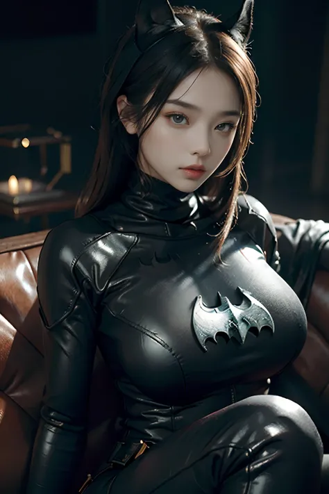 primitive，tmasterpiece，ultra fine photos，，best qualtiy，超高分辨率，Photoreality，rays of sunshine，full-body portraits，stunningly beautiful，，dynamicposes，Chinese beautiful woman，Vibrant eyes，（seen from the side），She wears a futuristic Batman costume，tight leather ...