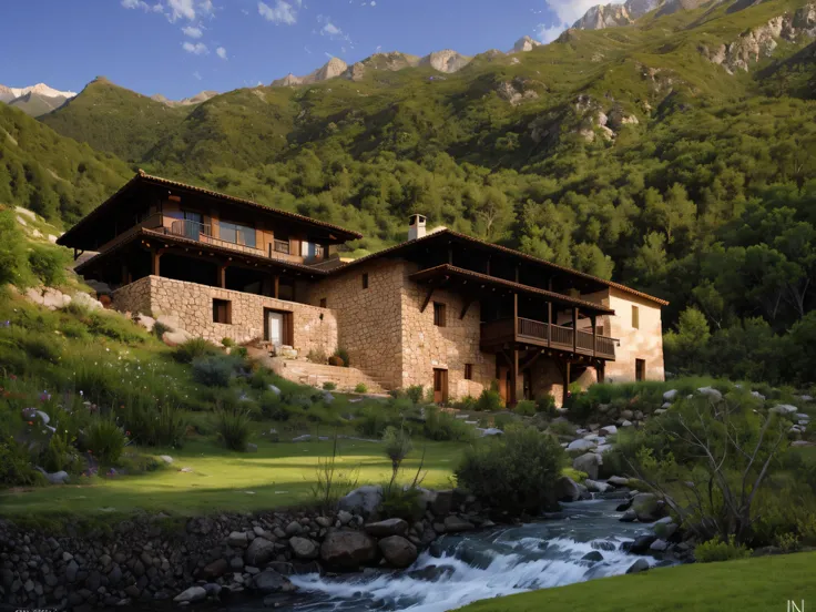 The mountains are in the background, Integrated into the mountain, Arquitectura neoandina, Neo - Arquitectura Andina, Alp, Rustic, Libro, by Josep Rovira Soler, Spain, Entorno detallado, Plano exterior, chalet, !!Beautiful!!, exterior, por Dietmar Damerau,...