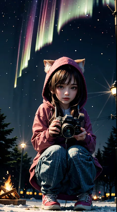 (masterpiece), (best quality:1.2), absurdres, [:intricate details:0.2], 1girl, front view, aurora, black hair, camera, campfire, city lights, constellation, crescent moon, earth_(planet), galaxy, hood, hood down, hooded jacket, lamppost, light particles, l...