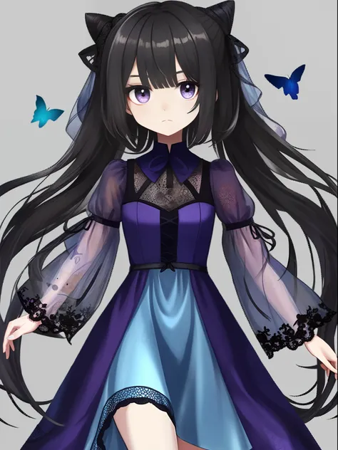 Purple eye，Hair is black and straight，Wearing a blue dress lace，Light transparent material，Indifferent little loli