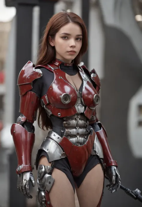 (Master Parts), (qualidade superior), Processado, Realistic, ultra-detalhada, rosto perfeito, Corpos perfeitos, 1 fita, Beautiful girl, Menina na armadura vermelha, mechanical armor, exosqueleto, to stand, Legal Position, sexy, looking from behind