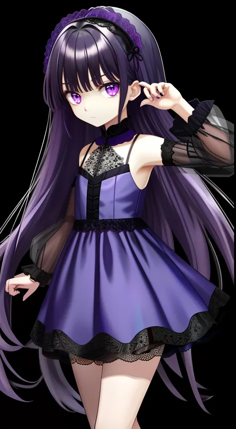 Purple eye，Hair is black and straight，Wearing a blue dress lace，Light transparent material，Indifferent little loli