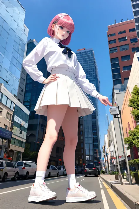 GTS Girl Giant Girl White Socks Short Skirt White Platform Sneakers Standing in the subway Overhead on the roof Street View Giant Girl There are villains under your feet Villains