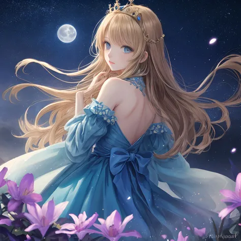 (Best Quality, masutepiece), Young Woman, Medieval princess blue dress, Pose, Particle, Wind, flower, Upper body, Full moon night background, Looking at Viewer, long straight windblown golden hair, Detailed blue eyes, Galaxy, Back lighting, Rim Lights, bea...