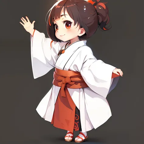 Anime-style Ghibli style、Child priestess、Third Life Character、full body Esbian、White kimono、Dark orange hakama、Wearing zori shoes、poneyTail、A smile、No background