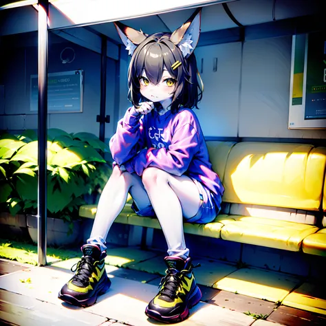 Cute little boy，Dark blue hair，Short height，shaggy，Wearing a blue sweatshirt，Big fox ears，Sit Pose，Indoor subway station scene。