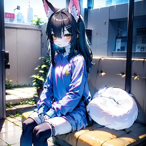 Cute little boy，Dark blue hair，Short height，shaggy，Wearing a blue sweatshirt，Big fox ears，Sit Pose，Indoor subway station scene。