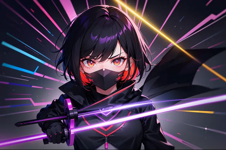 One teenage girl with short black hair, sporting a mysterious full face black mask with gleaming orange eyes that covers his entire face, dressed in a striking red shirt and a long black coat, skillfully wielding a pair of dual long swords—one gleaming in ...