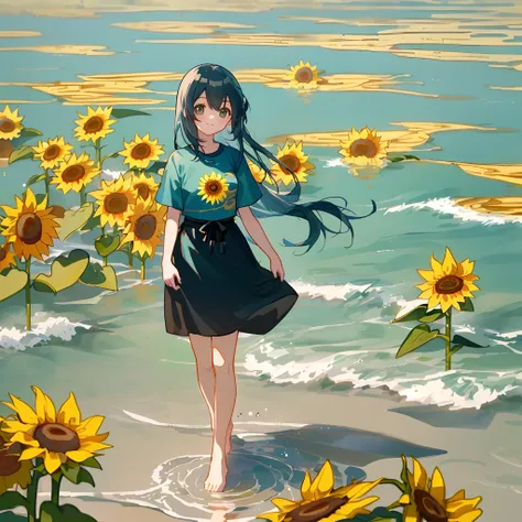 ((4K,Masterpiece,Best quality)), shuimobysim, Traditional Chinese painting, sunflower, tee shirt, 1girl, Solo, Black long hair, ssmile, standing on your feet, feet in water, The barefoot,beachside，Close-up Shot Shot