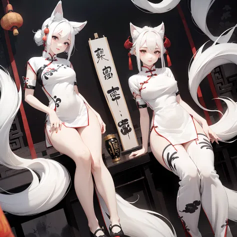 1 girl,White hair,pale skin,Fox ears,(qipao dress:1.3),(Traditional Chinese Ink Painting:1.4),thighs thighs thighs thighs,Pretty,(masutepiece, Best Quality, 4K)