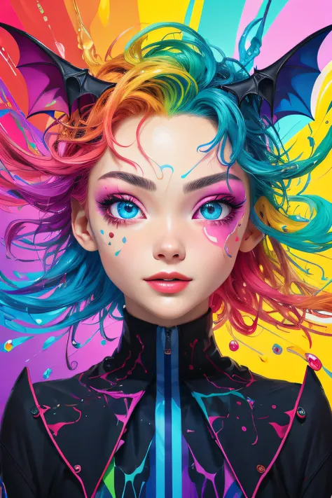 Extreme quality, nffsw, Detailed face+Eyes, (Bright colors), Splashes of color background, colors mashing, , Complementary color scheme, Electric, neons, Magical,Colorful straight line background,A lot of bats,Modern art,