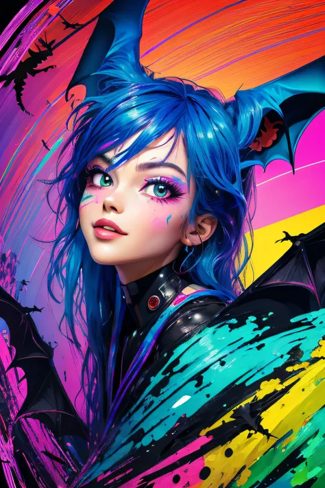 Extreme quality, nffsw, Detailed face+Eyes, (Bright colors), Splashes of color background, colors mashing, , Complementary color scheme, Electric, neons, Magical,Colorful straight line background,A lot of bats,Modern art,