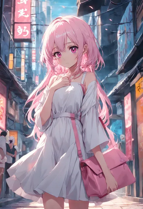 a shy girl who has pink hair, pink eyes, a white dress, holding a white bag