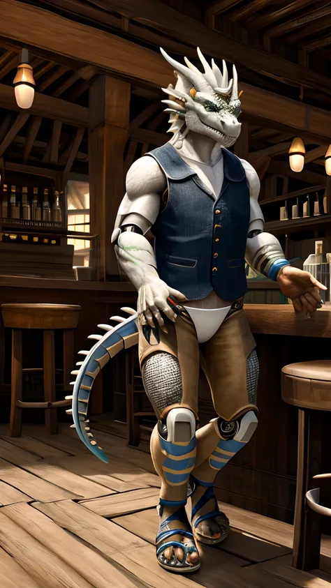 Bionic robot dragon，female，Gilet blanc，white  panties，sandals，Drinking in a tavern，HD graphics，Detailed and realistic，high detal，high qulity，photo-realistic，photorealistic eye，Detailed paws，Clear eyes，Masterpiece artwork