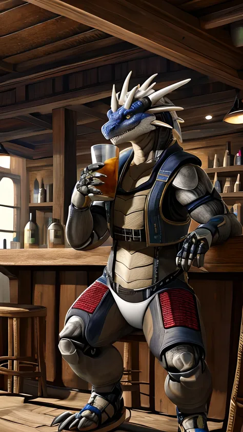 Bionic robot dragon，female，Gilet blanc，white  panties，sandals，Drinking in a tavern，HD graphics，Detailed and realistic，high detal，high qulity，photo-realistic，photorealistic eye，Detailed paws，Clear eyes，Masterpiece artwork