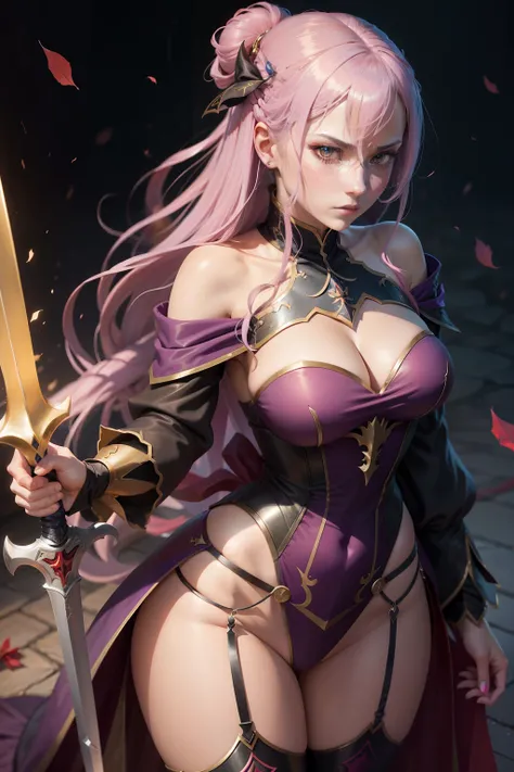 a close up of a woman holding a sword and a sword, shalltear bloodfallen, shalltear from overlord, Ayaka Genshin impact, gapmoe yandere grimdark, holding a sword on her shoulder, Female protagonist 👀 :8, gapmoe yandere, Female action anime girl, ayaka game...